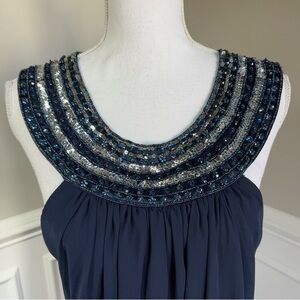 NEW JS Boutique Navy Blue Embellished Chiffon Trapeze Dress Size 16